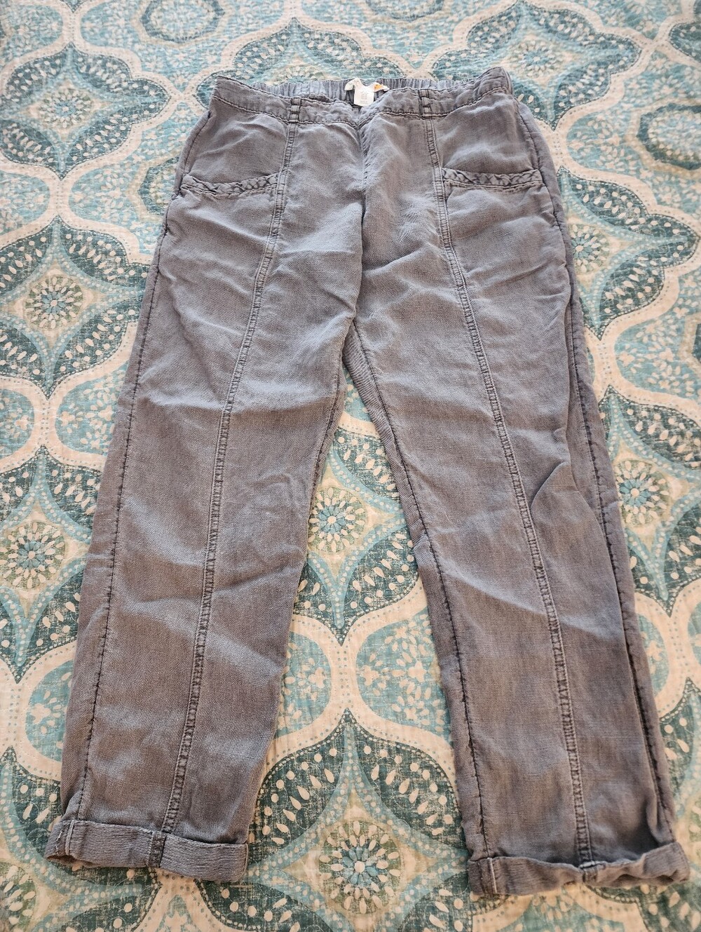 Casual Gray Pull-On Patch Pocket Coastal Rolled Hem Linen/lyocel Blend Pants